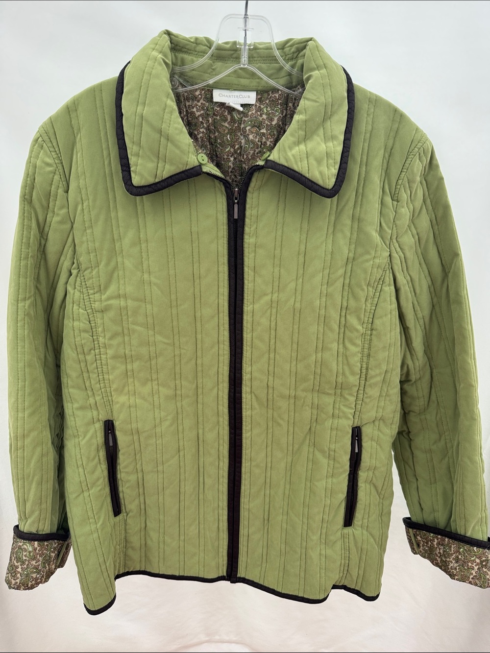 Charter Club Light Green Quilted Zip-Front Jacket with Contrast Trim